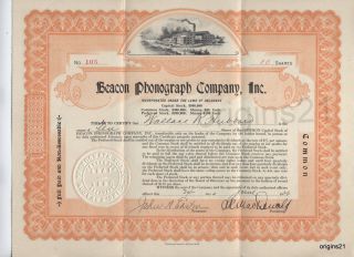 1920 Beacon Phonograph Company Inc Stock Certificate Gramophone Music Boston Ma photo