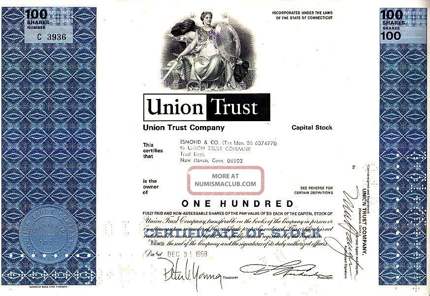 Union Trust Company Ct 1969 Stock Certificate