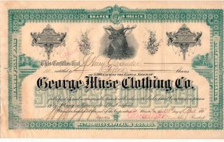 Atlanta,  Ga - George Muse Clothing Co Stock Certificate For 15 Shares From 1912 photo
