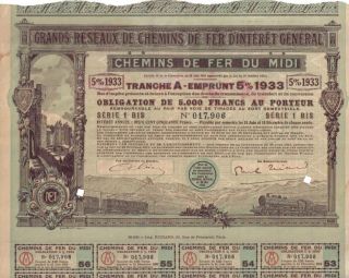 France Loan 1933 5% Bond South Railway 5000 Fr Coupons Deco Serie 1 photo