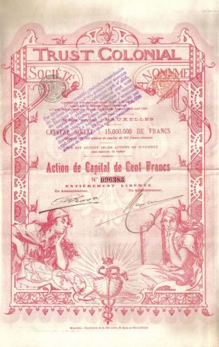 Belgium Bond Trust Colonial 1899 100 Fr Uncancelled Top Deco Coup Seal photo