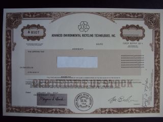 Advanced Environmental Recycling Technologies Stock Certificate photo