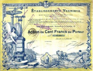 France Bond 1917 Etablissements Verminck Company 100fr Top Deco Coup Uncancelled photo