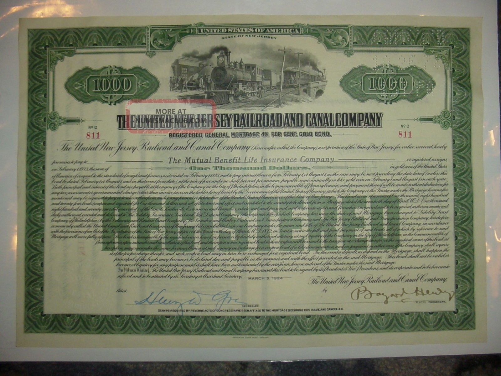 $1, 000 1924 United Jersey Railroad & Canal Company Bond Stock Certificate