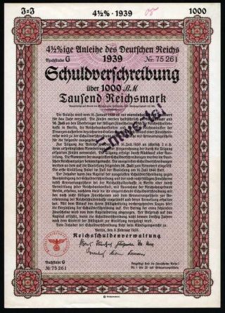 Germany Third Reich 1939 Stock Bond 4 - 1/2 Loan 1000 Mark Share Perfect photo