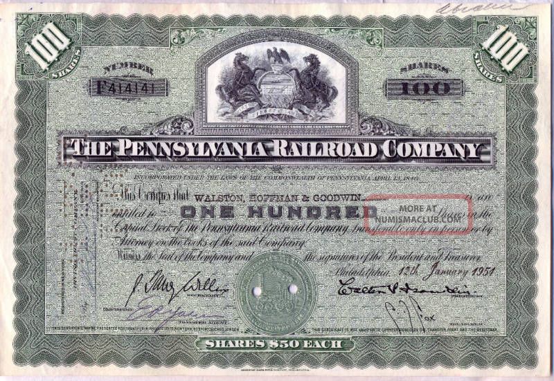 Pennsylvania Railroad Company Stock Certificate Green State Seal