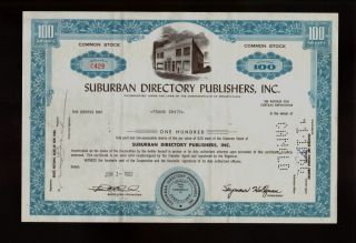 Suburban Directory Publishers Inc Pa Issued To Frank Smith Old Stock Cert 1962 photo