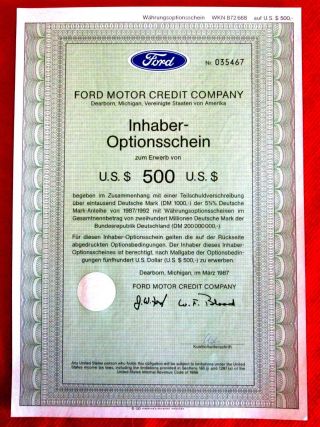 Ford Motor Credit Company German Option Warrant To Bearer 1987 T2u photo