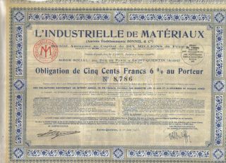 France 6% Bond 1933 L ' Industrie Materiaux Bonnel & Co 500 Fr Coup Uncancelled photo