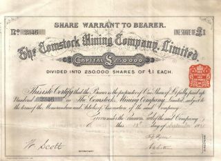 Uk Gb Usa 1888 Comstock Mining Co Gold Mines 1 Share £1 Uncancelled Coupons photo