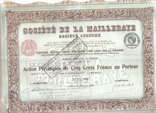 France 1920 Societe De La Mailleraye 500 Francs Uncancelled Coupons Deco photo