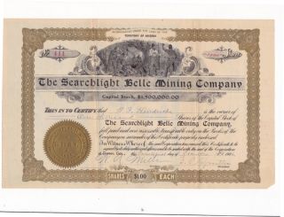 1906 Stock Cert.  Searchlight Belle Mining Company photo