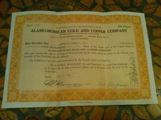 Alamo - Mohician Gold And Copper Company Stock July 23,  1928 100 Shares photo