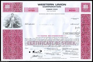 1971 Western Union Corporation 100 Shares Stock Certificate Red - Wysiwyg - Vf+ photo