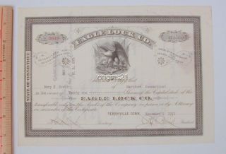1912 Eagle Lock Co Circulated Stock Certificate Terryville Ct Eagle Flag Arrow photo