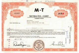 Metro - Tel Corp.  Stock Certificate Ju1857 photo