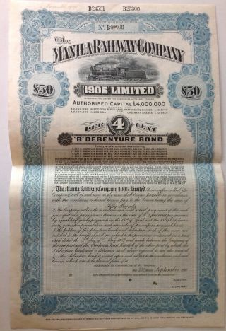 Philipinnes 1907 Manila Railway Co Ltd £50 4% Debenture Bond Number B00000 photo