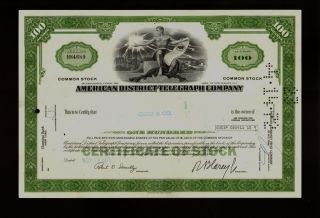 Adt American District Telegraph Co (security) 1971 Old Stock Certificate photo