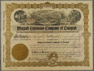 1913 Mizpah Extension Company Of Tonopah Stock Certificate photo