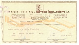 Chile 1967 Stocks Maderas Prensadas Cholguan S.  A.  17340 photo