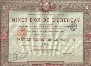 Uruguay France Share 1895 Gold Mines Uncancelled Coupons Deco photo