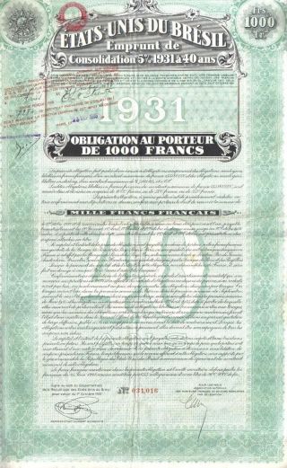 Brazil 5% Bond 1931 State Consalidation Loan 1000 Fr Uncancelled Deco Coupons photo