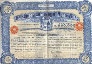 Uruguay 1911 Rambla Company Monte Video 20 Shares £20 Uncancelled Coupons Deco photo