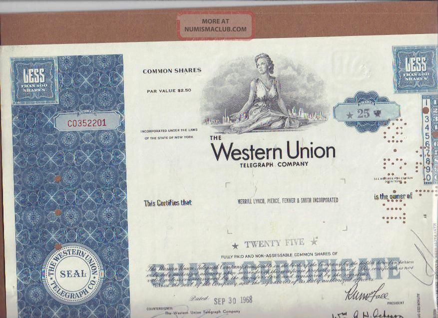 Western Union Telegraph Company Stock Certificate, 1968