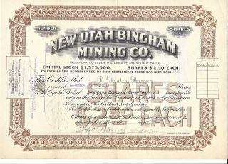 Utah Bingham Mining Company. . . . . .  1915 Stock Certificate photo