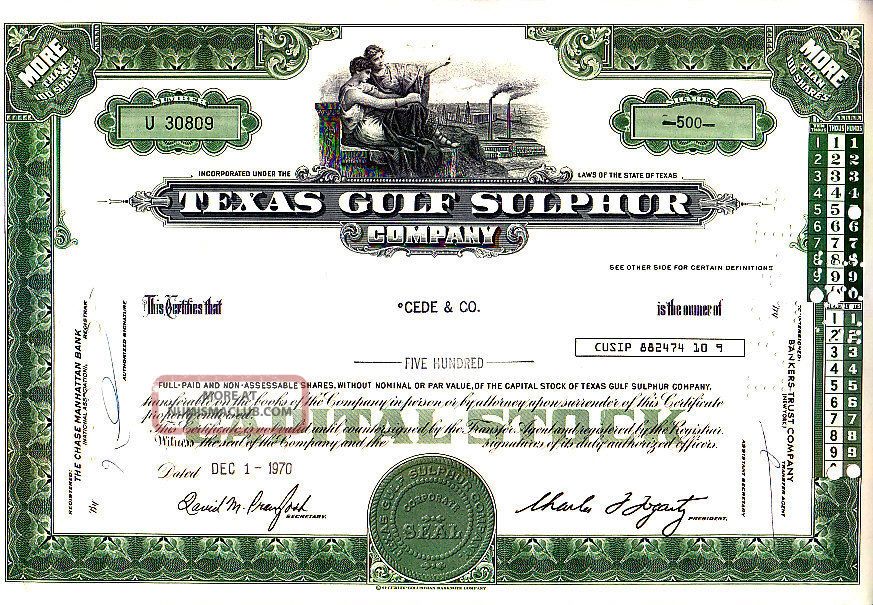 Texas Gulf Sulphur Company Tx 1970 Stock Certificate Texas Gulf Sulphur Company Tx 1970 Stock Certificate