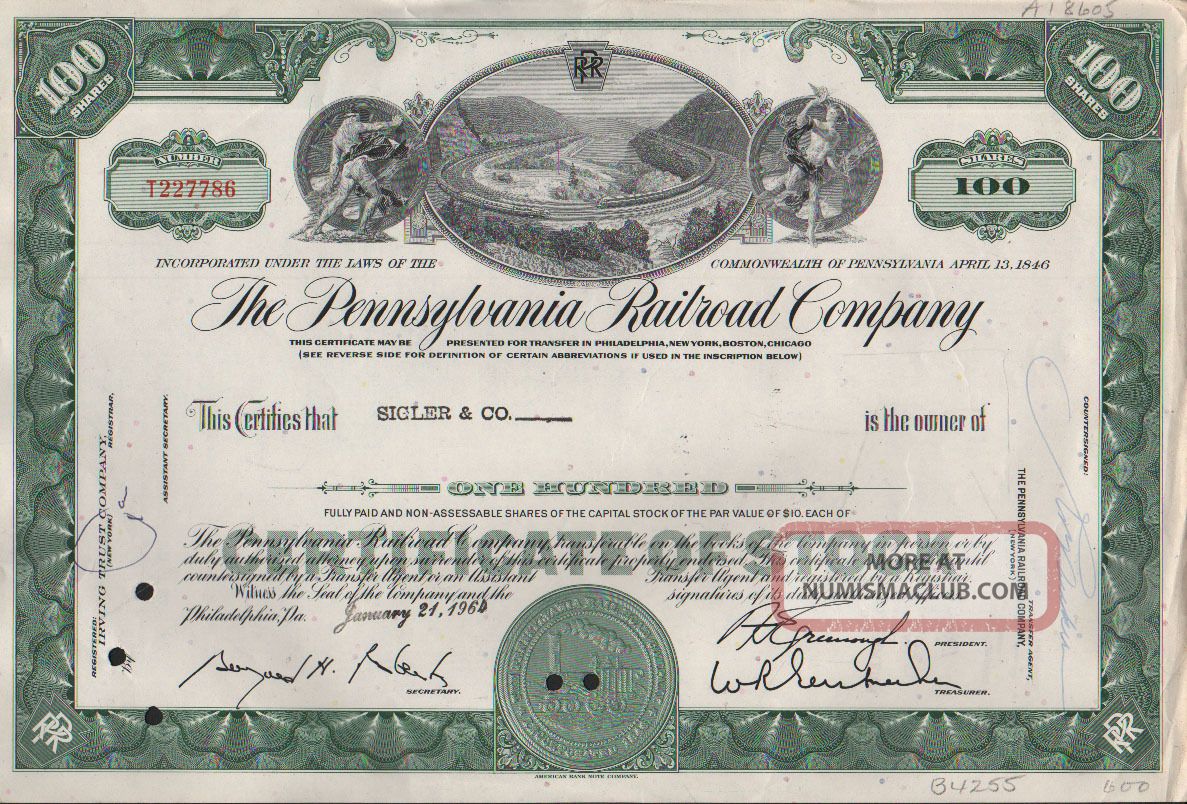 Railroad Stock Certificate Pennsylvania Railroad Company T227786 Dated 1964