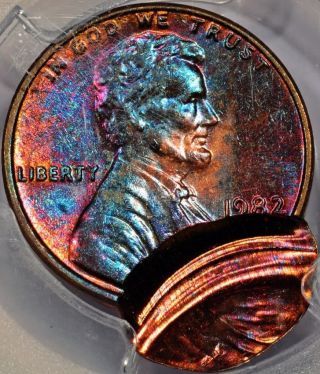 Error 1982 Lincoln Pcgs Ms63rb D/s 2nd Strike 80% Off Center - Neon Color Tone photo
