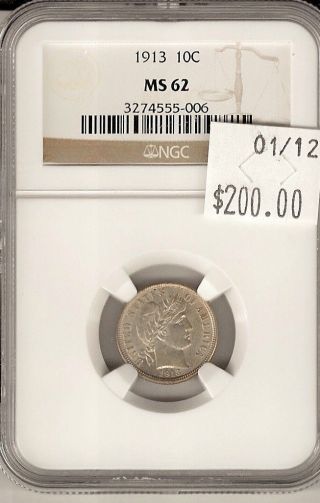 1913 Barber Dime Ms 62 10c Ngc Certified photo