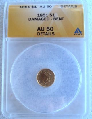 1851 $1.  00 Liberty Head Dollar Gold Coin Anacs Au50 photo