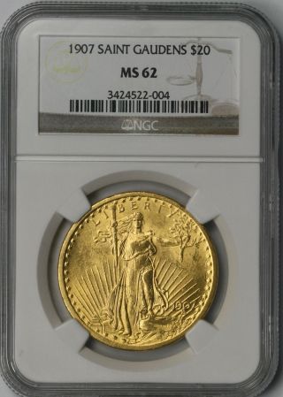 1907 Saint - Gaudens Gold Double Eagle $20 Ms 62 Ngc Mintage= 361,  667 photo