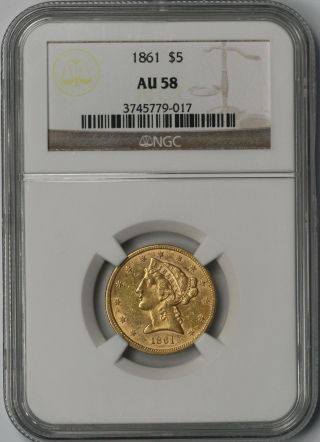 1861 Liberty Head Gold Half Eagle $5 Au 58 Ngc Civil War Date photo