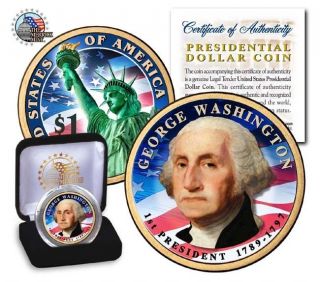 Uncirculated 2 Side Colorized Presidential Dollar Coin George Washinton /in Box photo