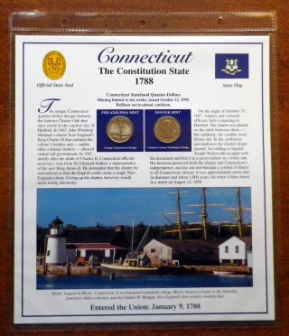 Postal Commemorative Society Connecticut Gem Bu 1999 P + D Quarters+2 Stamps photo
