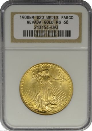 1908 Nm $20 Gold St Gaudens Double Eagle Ngc Ms68 Wells Fargo Eye Appeal photo