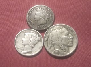 1893 Indian Cent - G,  1937 - D Buffalo Nickel - Au,  1940 90% Silver Mercury Dime - Vf photo