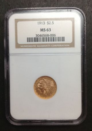 1913 Ngc Ms63 $2.  50 Gold Indian Head Coin photo
