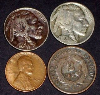 1864 Two Cent,  1936 - 37 Indian Head Nickles,  1941p Wheat Lincoln Cent photo