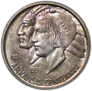 1936 - D 50c Silver Arkansas Half - Dollar Unc+ Light Copper Tone In Small Slab photo