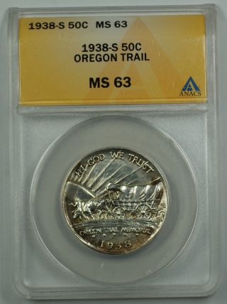 1938 - S Oregon Trail Commemorative Silver Half Coin Anacs Ms 63 Scarce Toned photo