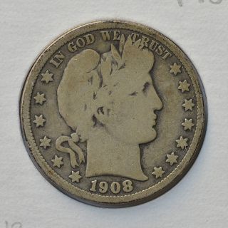 1908 50c Barber Half Dollar (90% Silver Coin) - Vg (13) photo