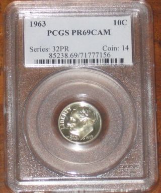 1963 Pr69 Cameo Cam Silver Roosevelt Dime Pcgs Mirror Shine Graded Great Example photo