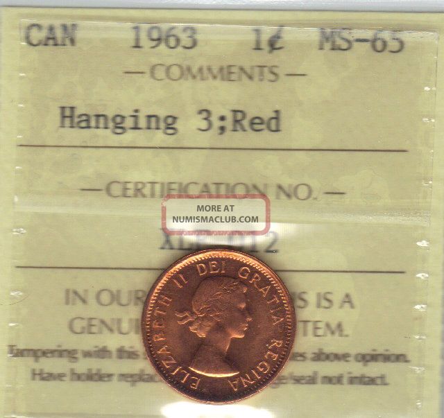 1963 Hanging 3 Canada 1 Cent Iccs Ms65 Gem Rare Beauty Coins: Canada photo