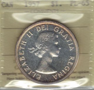 1957 Canada Silver Dollar Iccs Pl65 Beauty photo