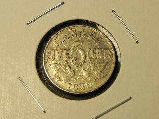 1930 Vg Canadian Canada George V Maple Leaves Design Nickel Five 5 Cents photo