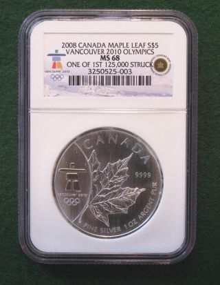 2008 Canada Maple Leaf $5 Vancouver 2010 Olympics Ngc Ms68 photo